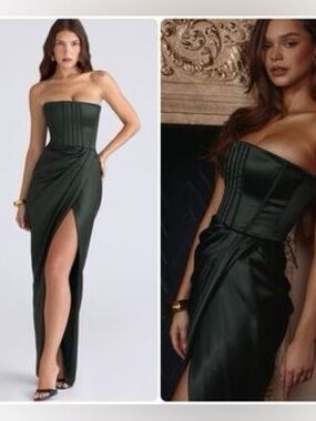 House of CB CARELLE ❤️ Emerald Satin Strapless Maxi Dress S NWT